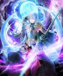 Rule 34 | 10s, 1boy, armor, artist request, bare shoulders, blue eyes, blue hair, cape, cloud, cygames, elbow gloves, eyes visible through hair, gloves, glowing, glowing eyes, glowing weapon, grimnir (granblue fantasy), hair over one eye, hand on own face, heterochromia, holding, holding weapon, light blue hair, official art, polearm, red eyes, shadowverse, shingeki no bahamut, shoulder armor, smile, sparkle, spear, weapon