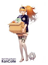 Rule 34 | 1girl, akira (kadokawa), blonde hair, blue eyes, boots, box, breasts, cardboard box, carrying, collared shirt, employee uniform, enemy lifebuoy (kancolle), food, gambier bay (kancolle), hair between eyes, hairband, highres, kantai collection, large breasts, lawson, long hair, official art, open mouth, pleated skirt, ponytail, scan, scan artifacts, shirt, short sleeves, skirt, thigh boots, thighhighs, twintails, uniform