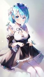 Rule 34 | absurdres, asymmetrical bangs, black skirt, blue eyes, blue hair, blush, breasts, bug, butterfly, cleavage, clothes lift, corset, detached sleeves, hair ornament, highres, insect, lace, lace-trimmed skirt, lace trim, looking at viewer, maid headdress, medium breasts, medium hair, re:zero kara hajimeru isekai seikatsu, rem (re:zero), sitting, skirt, skirt lift, thighhighs, thighs, white background, white thighhighs, x hair ornament, yuna (deadawon)