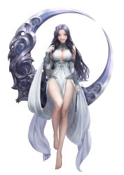 Rule 34 | 1girl, absurdres, bare shoulders, barefoot, black hair, blue eyes, breasts, cleavage, crescent, daeho cha, detached sleeves, dress, earrings, female focus, full body, gloves, hair ornament, highres, jewelry, large breasts, league of angels, looking at viewer, md5 mismatch, multicolored hair, purple hair, simple background, smile, solo, thighs, two-tone hair, white dress