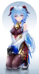 Rule 34 | 1girl, ahoge, bell, black gloves, blue hair, bodystocking, chinese knot, cowbell, detached sleeves, dress, eyebrows hidden by hair, full body, ganyu (genshin impact), genshin impact, gloves, goat horns, hair between eyes, hair over shoulder, hand on own thigh, high heels, highres, horns, kneeling, long hair, looking at viewer, ojay tkym, parted lips, purple eyes, reflection, revision, solo, tassel, thighs, white background, white dress, white footwear, wide sleeves
