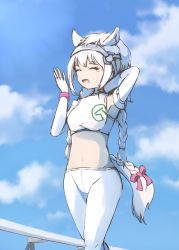 Rule 34 | 10s, 1girl, animal ears, bow, braid, commentary request, elbow gloves, gloves, hand on neck, headgear, highres, horse ears, horse girl, horse tail, kemono friends, leggings, long hair, pantyhose, solo, sports bra, sportswear, suginakara (user ehfp8355, tail, tail bow, tail ornament, white hair, white pantyhose, white sports bra, white thoroughbred (kemono friends), yawning
