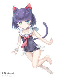 Rule 34 | 1other, :/, androgynous, animal ears, aqua eyes, bare arms, bare legs, barefoot, black one-piece swimsuit, blunt bangs, bob cut, bow, bowtie, cat ears, cat tail, closed mouth, collarbone, commentary request, covered navel, artistic error, expressionless, full body, kuroi nyan, kuroinyan, leg up, looking at viewer, neckerchief, necktie, old school swimsuit, one-piece swimsuit, original, other focus, pink bow, pink bowtie, pink neckerchief, pink necktie, pixiv fantasia, pixiv fantasia new world, plantar flexion, purple hair, ribbon, sailor swimsuit, school swimsuit, short hair, simple background, solo, swimsuit, tail, twitter username, watermark, web address, white background, white ribbon, wristband