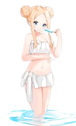 Rule 34 | 1girl, abigail williams (fate), abigail williams (swimsuit foreigner) (fate), absurdres, bare arms, bare shoulders, bikini, blonde hair, blue eyes, closed mouth, commentary request, double bun, fate/grand order, fate (series), food, forehead, hair bun, highres, holding, holding food, long hair, navel, parted bangs, popsicle, sidelocks, smile, solo, standing, strapless, strapless bikini, swimsuit, water, white background, white bikini, yukaa