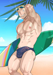 Rule 34 | 1boy, abs, bara, beach, blonde hair, blue eyes, blue male swimwear, bracelet, bulge, cloud, day, earrings, erection, erection under clothes, ero condo, goggles, goggles on head, highres, holding, holding surfboard, jewelry, kienbiu, large pectorals, looking at viewer, male focus, male swimwear, muscular, muscular male, navel, nipples, official art, outdoors, pectorals, penis, see-through, sharp teeth, short hair, sky, smile, solo, summer, suplex (ero condo), surfboard, swim briefs, teeth, thick thighs, thighs