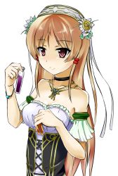 Rule 34 | 1girl, aiyoku no eustia, bare shoulders, bracelet, breasts, brown hair, collar, eris floraria, female focus, flower, jewelry, long hair, meganu, red eyes, simple background, solo, white background