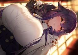 Rule 34 | 1girl, azuma (azur lane), azur lane, backlighting, blurry, blurry background, blush, breasts, buttons, closed mouth, corset, exif rotation, from below, glint, hair between eyes, highres, holding, holding stick, huge breasts, indoors, light, long hair, looking at viewer, mimikaki, orange eyes, purple hair, satou daiji, smile, solo, stick, upper body, very long hair, window