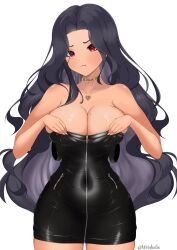 Rule 34 | 1girl, black dress, black hair, blush, breasts, cleavage, clothes pull, collarbone, commentary, covered navel, dark-skinned female, dark skin, dress, dress pull, english commentary, frown, gold choker, highres, jewelry, large breasts, long hair, mole, mole on breast, mole under eye, necklace, nijisanji, nijisanji en, pout, red eyes, scarle yonaguni, simple background, solo, strapless, strapless dress, twitter username, undersized clothes, v-shaped eyebrows, very long hair, virtual youtuber, white background, wriskelis