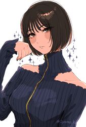 Rule 34 | 1girl, absurdres, alexkota1115, arm up, bare shoulders, black eyes, black hair, blue sweater, bob cut, clothing cutout, highres, looking at viewer, original, parted lips, photo-referenced, real life, short hair, shoulder cutout, simple background, sparkle, sweater, turtleneck, turtleneck sweater, white background, zipper