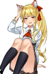 Rule 34 | 1girl, :d, absurdres, animal ear fluff, animal ears, arm support, arm up, ascot, black footwear, black socks, blonde hair, blunt bangs, blush, bow, braid, breasts, brown eyes, brown skirt, collared shirt, commentary request, dress shirt, feet out of frame, fingernails, hair bow, head tilt, high-waist skirt, high ponytail, highres, kneehighs, loafers, long hair, long sleeves, makise minami, medium breasts, open mouth, original, panties, ponytail, red ascot, red bow, shirt, shoes, side braid, sidelocks, simple background, single braid, sitting, skirt, smile, socks, solo, underwear, very long hair, white background, white panties, white shirt