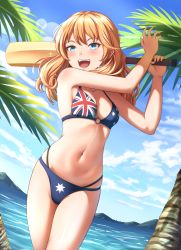 Rule 34 | 1girl, absurdres, bikini, blander mc, blonde hair, blue bikini, blue eyes, blue sky, breasts, cloud, commentary, commentary request, commission, cricket bat, day, english commentary, flag print, highres, long hair, medium breasts, mountain, ocean, open mouth, original, outdoors, palm tree, print bikini, sky, smile, solo, swimsuit, teeth, tree, union jack, upper teeth only