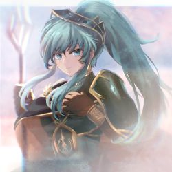 Rule 34 | 1girl, alternate hairstyle, aqua eyes, aqua hair, armor, bracelet, breastplate, cape, cosplay, earrings, eirika (fire emblem), elbow gloves, ephraim (fire emblem), ephraim (fire emblem) (cosplay), feh xeri, fire emblem, fire emblem: the sacred stones, fire emblem heroes, gloves, hair ornament, highres, holding, holding weapon, jewelry, lance, long hair, looking at viewer, nintendo, official alternate costume, polearm, ponytail, shoulder armor, sidelocks, smile, solo, upper body, weapon