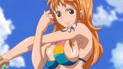 Rule 34 | animated, animated gif, bikini, bouncing breasts, breasts, brown eyes, cleavage, earrings, jewelry, large breasts, long hair, nami (one piece), necklace, one piece, one piece special: glorious island, orange hair, stretching, swimsuit, tattoo