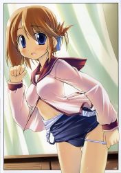 Rule 34 | 00s, 1girl, bakutendou, clothes pull, folded ponytail, highres, komaki manaka, no pants, one-piece swimsuit, one-piece swimsuit pull, panties, panty pull, pulled by self, school swimsuit, school uniform, serafuku, solo, swimsuit, swimsuit under clothes, to heart (series), to heart 2, underwear, white panties