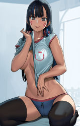 Rule 34 | 1girl, :p, animal print, bed sheet, black hair, black thighhighs, blue shorts, breasts, brown eyes, clothes lift, commentary, d.va (overwatch), facial mark, full body, headphones, headphones around neck, indoors, large breasts, lasterk, lifting own clothes, long hair, looking at viewer, no bra, on bed, overwatch, overwatch 1, print shirt, rabbit print, shirt, shirt lift, short shorts, short sleeves, shorts, sitting, smile, solo, thighhighs, tongue, tongue out, wariza, whisker markings, white shirt