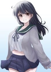 Rule 34 | 1girl, ahoge, alternate costume, bell, black hair, blue background, blush, breasts, brown eyes, cowboy shot, gradient background, grey sweater, hair bell, hair ornament, highres, kantai collection, large breasts, long hair, looking at viewer, ryouki (34388923), school uniform, serafuku, skirt, smile, solo, sweater, twitter username, ushio (kancolle)