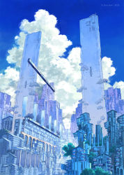 Rule 34 | blue sky, building, cityscape, cloud, commentary request, day, highres, k kanehira, no humans, original, outdoors, scenery, science fiction, sky, train, tree
