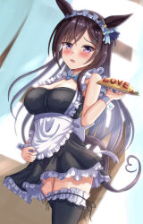 Rule 34 | 1girl, alternate costume, animal ears, apron, bare shoulders, black dress, black thighhighs, blush, brown hair, commentary request, dress, ear ornament, enmaided, food, frilled thighhighs, frills, hair ornament, hairclip, highres, holding, holding tray, horse ears, horse girl, horse tail, long hair, maid, maid headdress, mejiro dober (umamusume), omelet, omurice, open mouth, purple eyes, rio (lio yuzu), sleeveless, sleeveless dress, solo, tail, thighhighs, tray, umamusume, wrist cuffs