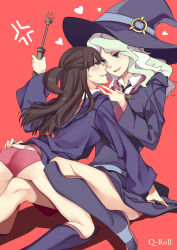 Rule 34 | 10s, 2girls, anger vein, ass, blonde hair, blue eyes, blush, boots, brown eyes, brown hair, diana cavendish, hand on another&#039;s chin, hand on own ass, hat, heart, highres, kagari atsuko, knee boots, little witch academia, long hair, multiple girls, necktie, panties, pink panties, q-roll, red background, smile, straddling, thigh straddling, underwear, wand, witch hat, yuri