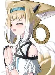 Rule 34 | 1girl, :d, ^ ^, absurdres, animal ear fluff, animal ears, arknights, bare shoulders, black gloves, blonde hair, blue hairband, blush, braid, closed eyes, fox ears, fox girl, fox tail, gloves, hair intakes, hair rings, hairband, hands up, highres, kitsune, multicolored hair, open mouth, own hands together, shirt, short sleeves, simple background, single glove, smile, solo, spam (spamham4506), suzuran (arknights), tail, twin braids, two-tone hair, upper body, white background, white hair, white shirt