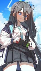 Rule 34 | 1girl, absurdly long hair, aris (blue archive), black hair, black hairband, blue archive, blue eyes, blue hair, blue necktie, collared shirt, dark blue hair, hair between eyes, hairband, halo, highres, jacket, kopeolgi, long hair, long hair between eyes, multicolored clothes, multicolored jacket, necktie, one side up, playing games, pleated skirt, shirt, skirt, solo, tie clip, very long hair