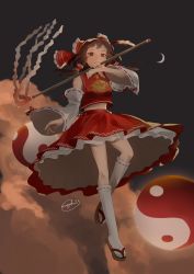 Rule 34 | 1girl, above clouds, absurdres, ascot, bow, brown eyes, brown hair, cloud, collared vest, commentary, crescent, detached sleeves, flying, frilled bow, frilled hair tubes, frills, full body, gohei, hair bow, hair tubes, hakurei reimu, highres, holding, kneehighs, long hair, looking at viewer, midriff, mushoku, night, night sky, okobo, orb, parted lips, petticoat, red bow, red skirt, red vest, ribbon-trimmed legwear, ribbon-trimmed sleeves, ribbon trim, sandals, signature, skirt, sky, socks, solo, touhou, vest, white sleeves, white socks, wide sleeves, yellow ascot, yin yang, yin yang orb
