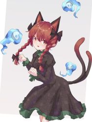 Rule 34 | 1girl, animal ears, black bow, black dress, bow, braid, cat ears, cat tail, clenched hands, dress, extra ears, grey background, hair bow, highres, hitodama, juliet sleeves, kaenbyou rin, kalmia495, long sleeves, looking at viewer, medium hair, multiple bows, multiple tails, nekomata, open mouth, pointy ears, puffy sleeves, red eyes, red hair, standing, tail, touhou, twin braids, two tails