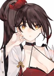 Rule 34 | 1girl, :o, azur lane, black choker, breasts, brown hair, choker, cleavage, detached sleeves, dress, flower, hair flower, hair ornament, hand up, highres, long sleeves, looking at viewer, neko (ganecooo), one side up, parted lips, red dress, simple background, solo, upper body, white background, wide-eyed, yellow eyes, zuikaku (azur lane)