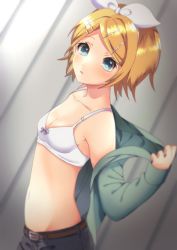 Rule 34 | 1girl, belt, belt buckle, black shorts, blonde hair, blue eyes, bow, bow bra, bra, breasts, buckle, cleavage, collarbone, from side, green jacket, grey bow, groin, hair bow, hair ornament, hairband, hairclip, highres, jacket, kagamine rin, looking at viewer, memekemama, midriff, navel, open clothes, open jacket, parted bangs, parted lips, short hair, short shorts, shorts, sideboob, small breasts, solo, standing, stomach, underwear, undressing, upper body, vocaloid, white bow, white bra, white hairband