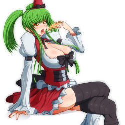 Rule 34 | 1girl, black thighhighs, breasts, c.c., cleavage, code geass, eating, female focus, food, green hair, hat, huge breasts, mini hat, open mouth, pizza, ponponmaru, simple background, sitting, skirt, solo, thighhighs, thighs, tongue, twintails, white background, yellow eyes