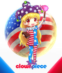 Rule 34 | 1girl, american flag, american flag dress, american flag legwear, american flag shirt, arm up, asymmetrical legwear, blonde hair, blush stickers, book, character name, child, clownpiece, e neko, eyebrows, fairy wings, flag print, full moon, hat, holding, holding book, jester cap, legacy of lunatic kingdom, long hair, mismatched legwear, moon, neck ruff, open mouth, pantyhose, red eyes, simple background, smile, solo, torch, touhou, united states, very long hair, white background, wings