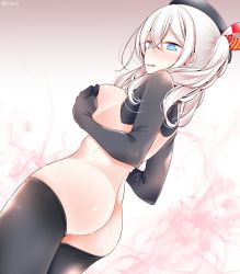 Rule 34 | @ @, ass, bad id, bad twitter id, blue eyes, blush, breasts, commentary, covering privates, covering breasts, dutch angle, hair between eyes, kantai collection, kashima (kancolle), long hair, medium breasts, oouso, reverse outfit, shiny skin, sideboob, solo, thighhighs, twintails, wavy mouth, wet, white hair