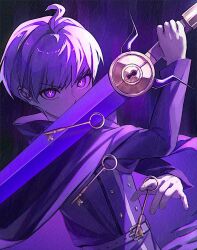 Rule 34 | 1boy, ahoge, buttons, cape, double-breasted, hand up, highres, holding, holding key, holding sword, holding weapon, key, looking at viewer, master detective archives: rain code, pink eyes, rain, short hair, solo, sword, symbol in eye, very fruity, weapon, yuma kokohead