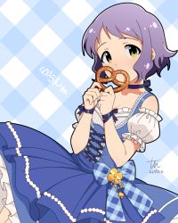 Rule 34 | 1girl, armband, blue choker, blue dress, bow, breasts, checkered background, checkered bow, checkered clothes, choker, clover, commentary, covering own mouth, cross-laced clothes, cross-laced dress, dated, dirndl, dress, food, german clothes, hands up, holding, holding food, idolmaster, idolmaster million live!, light blue background, looking at viewer, makabe mizuki, pretzel, purple hair, ribbon, short hair, sidelocks, signature, small breasts, solo, spade (shape), translation request, tun, waist bow, wavy hair, wrist ribbon, yellow eyes