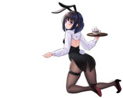 Rule 34 | 1girl, acasta (azur lane), acasta (monochromatic marvel) (azur lane), acasta (monochromatic marvel) (azur lane), alcohol, allenes, animal ears, azur lane, bar (place), black footwear, blue eyes, rabbit, rabbit ears, rabbit tail, carpet, cup, drinking glass, fake tail, from behind, high heels, highres, kneeling, looking at viewer, looking back, manjuu (azur lane), medium hair, official alternate costume, official art, pantyhose, shoes, sleeve cuffs, solo, tail, thigh strap, transparent background, white sleeves