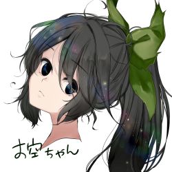 Rule 34 | 1girl, ahoge, black eyes, black hair, bow, commentary request, green bow, hair between eyes, hair bow, head tilt, highres, lens flare, light particles, long hair, looking at viewer, namauni, ponytail, reiuji utsuho, sidelocks, simple background, solo, touhou, translation request, white background