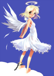Rule 34 | 1girl, angel, angel wings, ankle cuffs, barefoot, blonde hair, full body, halo, katahira masashi, original, short hair, solo, standing, wings, yellow eyes