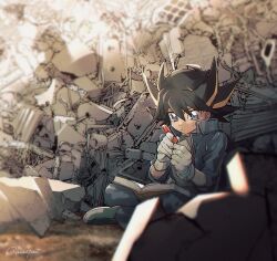 Rule 34 | 1boy, aged down, black hair, blonde hair, blue eyes, book, commentary request, crossed legs, fudo yusei, gloves, highres, jacket, junkyard, lunapont, male focus, multicolored hair, open clothes, open jacket, screwdriver, short hair, sitting, solo, white gloves, yu-gi-oh!, yu-gi-oh! 5d&#039;s