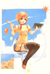 Rule 34 | 1girl, balloon, black thighhighs, bracelet, brown eyes, brown hair, choker, cloud, day, dress, female focus, flower, full body, gradient background, hat, jewelry, open mouth, original, quill, sky, smile, solo, sun, sunflower, thighhighs, white background, yuzuki mia, zettai ryouiki