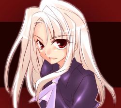 Rule 34 | 00s, 1girl, dress, eyebrows, fate/hollow ataraxia, fate/stay night, fate (series), illyasviel von einzbern, long hair, looking at viewer, parted lips, purple dress, red eyes, silver hair, simple background, solo