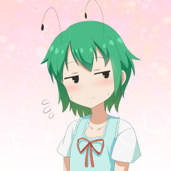 Rule 34 | 1girl, 3:, alternate costume, antennae, blush, cato (monocatienus), collarbone, commentary request, flying sweatdrops, frown, gradient background, green hair, highres, jitome, looking to the side, pink background, short hair, short sleeves, simple background, solo, sweatdrop, touhou, upper body, wriggle nightbug