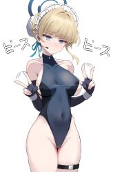 Rule 34 | absurdres, black gloves, blonde hair, blue archive, blue eyes, blue leotard, blue ribbon, braid, breasts, bun cover, chest harness, commentary request, covered navel, cowboy shot, earpiece, emil (386), fingerless gloves, french braid, gloves, hair bun, hair ribbon, harness, headset, heattech leotard, highleg, highleg leotard, highres, leotard, looking at viewer, maid headdress, multicolored hair, ribbon, short hair, simple background, single hair bun, sleeveless turtleneck leotard, small breasts, streaked hair, toki (blue archive), turtleneck, two-tone leotard, v, white background