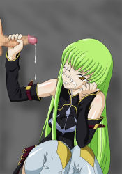 Rule 34 | 1girl, bare shoulders, bored, breasts, brown eyes, c.c., censored, code geass, cum, cum in mouth, facial, green hair, grey background, handjob, highres, hiza raida, long hair, looking up, penis, simple background, sitting, standing, wince