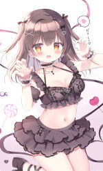 Rule 34 | 1girl, :d, azumi kazuki, bikini, black bikini, black bow, black footwear, black sleeves, blush, bow, breasts, brown eyes, brown hair, claw pose, cleavage, collarbone, commentary request, detached sleeves, gradient background, hair between eyes, hair bow, hair ornament, hands up, heart, heart hair ornament, highres, long hair, looking at viewer, medium breasts, multicolored hair, navel, open mouth, original, pink background, platform footwear, puffy short sleeves, puffy sleeves, shoes, short sleeves, single detached sleeve, smile, solo, spoken heart, swimsuit, two-tone hair, white background, wrist cuffs, x hair ornament