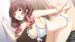 Rule 34 | 1girl, bent over, bikini, blush, breasts, brown eyes, brown hair, cleavage, clothed sex, game cg, hair ornament, hairclip, hotch kiss, large breasts, long hair, looking back, mikoto akemi, open mouth, sex, swimsuit, vaginal
