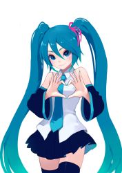 Rule 34 | 1girl, blue eyes, blue hair, cowboy shot, detached sleeves, fkey, hatsune miku, heart, heart hands, long hair, looking at viewer, matching hair/eyes, nail polish, necktie, simple background, skirt, smile, solo, thighhighs, twintails, very long hair, vocaloid, white background