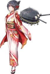 Rule 34 | 10s, 1girl, black hair, cannon, floral print, flower, full body, fusou (kancolle), hair flower, hair ornament, hairpin, japanese clothes, kantai collection, kimono, ladder, long sleeves, looking at viewer, machinery, new year, obi, official art, orange ribbon, red eyes, ribbon, rikka (rikka331), rope, sandals, sash, shimenawa, short hair, socks, solo, standing, tabi, transparent background, turret, white background, white socks, wide sleeves