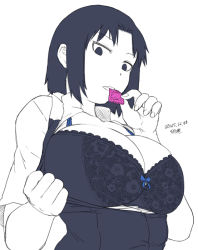 Rule 34 | 1girl, 2015, bow, bow bra, bra, breasts, condom, condom in mouth, condom wrapper, dated, large breasts, looking at viewer, monochrome, mouth hold, shirafuji kyouko, short hair, short sleeves, signature, simple background, solo, spot color, tsukudani (coke-buta), underwear, undressing, white background, working!!