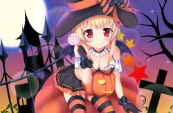 Rule 34 | 10s, 1girl, :p, battle girl high school, blonde hair, breasts, candy, cleavage, demon tail, food, full moon, halloween, hat, lollipop, looking at viewer, moon, red eyes, solo, tail, tongue, tongue out, watagi michelle, witch, witch hat, yuririn poi