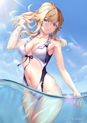 Rule 34 | 1girl, adjusting hair, armpits, artist name, black ribbon, blonde hair, blue eyes, breasts, cleavage, closed mouth, collarbone, commentary, cowboy shot, excaliblader, genshin impact, highres, jean (genshin impact), light rays, light smile, long hair, looking at viewer, medium breasts, navel, ocean, one-piece swimsuit, outdoors, ponytail, refraction, ribbon, sky, solo, sparkle, splashing, swimsuit, thighs, twitter username, wading